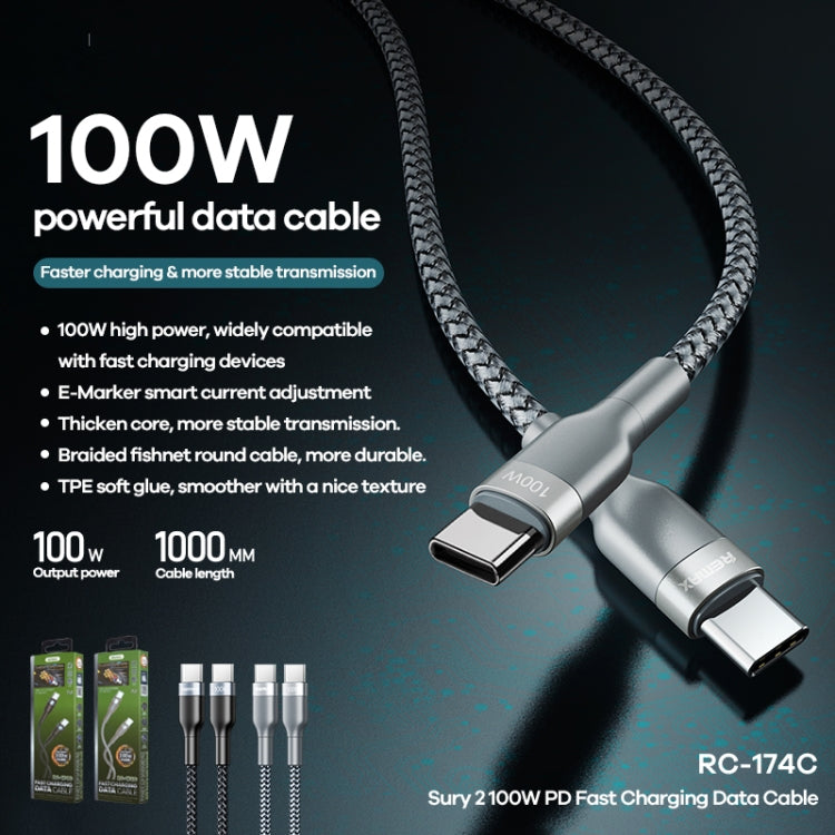 REMAX RC-174C PD 100W USB-C / Type-C to USB-C / Type-C Sury 2 Fast Charging Data Cable, Cable Length: 1m (Silver) - USB-C & Type-C Cable by REMAX | Online Shopping UK | buy2fix