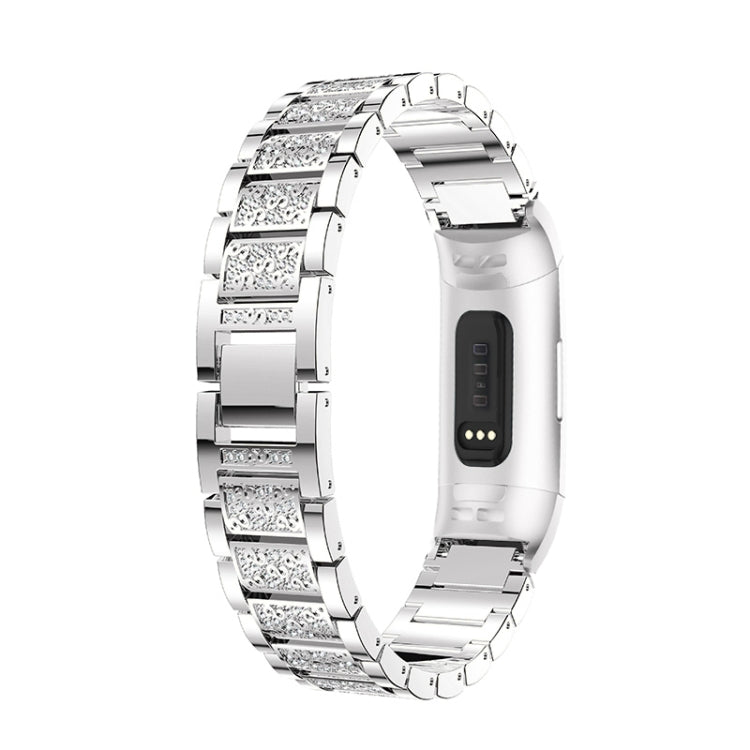 Diamond-studded Solid Stainless Steel Watch Band for Fitbit Charge 3(Silver) - Watch Bands by buy2fix | Online Shopping UK | buy2fix