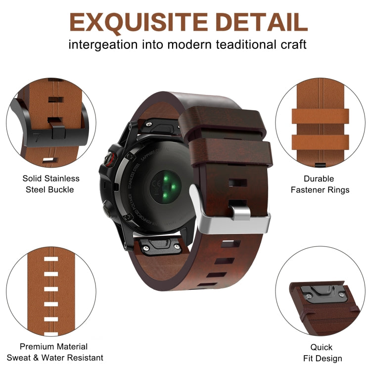 For Garmin Fenix 6X Pro 26mm Leather Steel Buckle Watch Band(Brown) - Watch Bands by buy2fix | Online Shopping UK | buy2fix