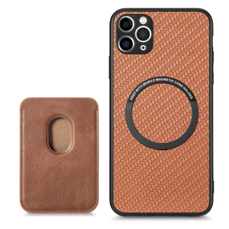 For iPhone 11 Carbon Fiber Leather Card Magsafe Magnetic Phone Case(Brown) - iPhone 11 Pro Cases by buy2fix | Online Shopping UK | buy2fix