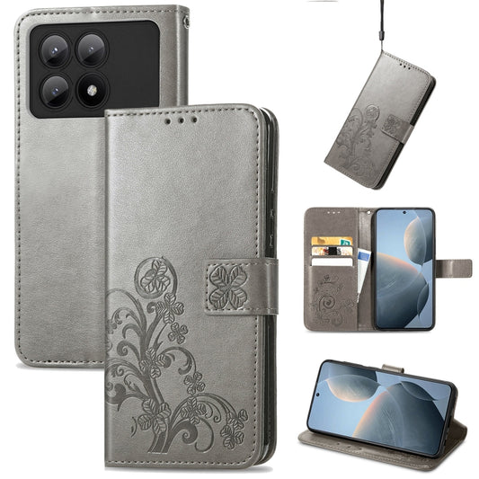 For Xiaomi Redmi K70E Four-leaf Clasp Embossed Leather Phone Case(Gray) - K70E Cases by buy2fix | Online Shopping UK | buy2fix