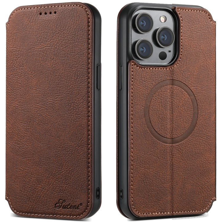 For iPhone 12/12 Pro Suteni J06 Retro Matte Litchi Texture Leather Magnetic Magsafe Phone Case(Brown) - iPhone 12 / 12 Pro Cases by Suteni | Online Shopping UK | buy2fix