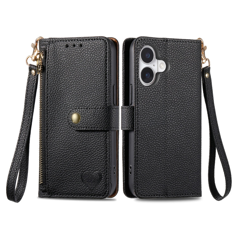 For iPhone 16 Love Zipper Lanyard Leather Phone Case(Black) - iPhone 16 Cases by buy2fix | Online Shopping UK | buy2fix