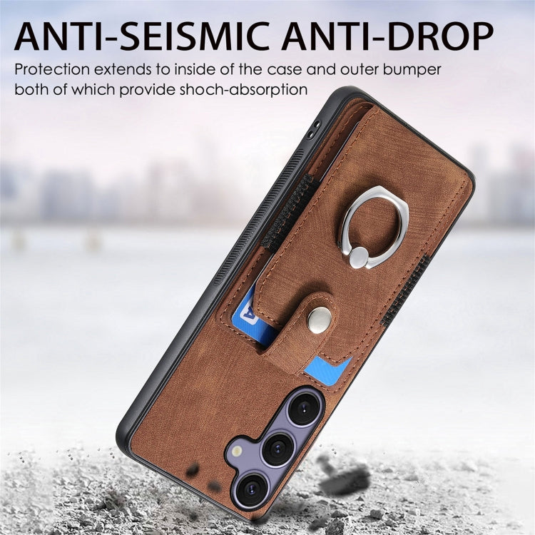 For Samsung Galaxy S25 5G Retro Skin-feel Ring Card Wallet Phone Case(Brown) - Galaxy S25 5G Cases by buy2fix | Online Shopping UK | buy2fix