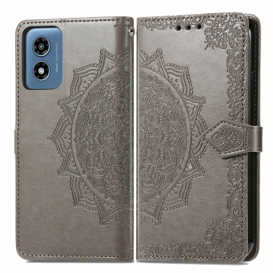 For Motorola Moto G Play 2024 Mandala Flower Embossed Leather Phone Case(Gray) - Motorola Cases by buy2fix | Online Shopping UK | buy2fix