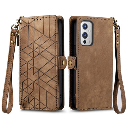 For OnePlus 11 Geometric Zipper Wallet Side Buckle Leather Phone Case(Brown) - OnePlus Cases by buy2fix | Online Shopping UK | buy2fix