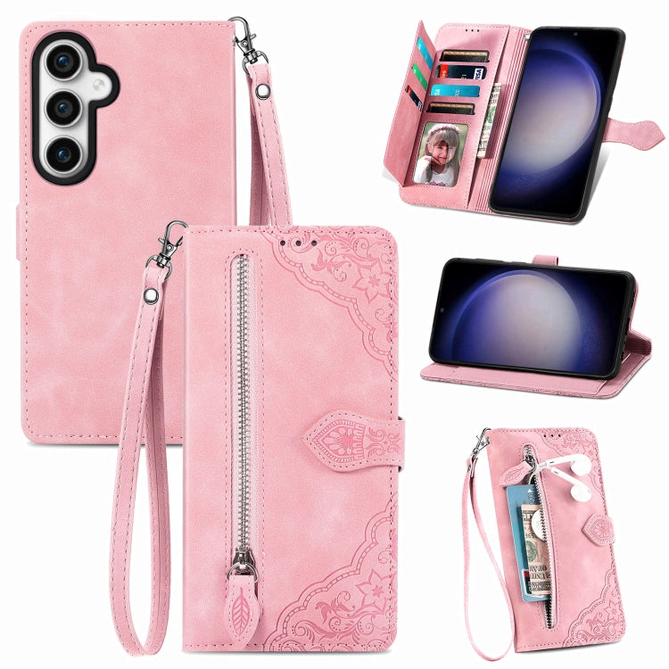 For Samsung Galaxy S23 FE 5G Embossed Flower Zipper Leather Phone Case(Pink) - Galaxy S23 FE 5G Cases by buy2fix | Online Shopping UK | buy2fix