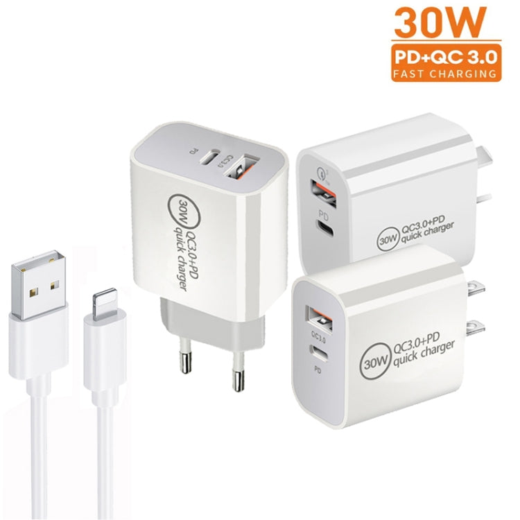 PD30W USB-C / Type-C + QC3.0 USB Dual Port Charger with 1m USB to 8 Pin Data Cable, US Plug - USB Charger by buy2fix | Online Shopping UK | buy2fix