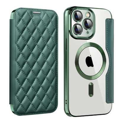 For iPhone 11 Pro Max Shield Magsafe RFID Anti-theft Rhombus Leather Phone Case(Green) - iPhone 11 Pro Max Cases by buy2fix | Online Shopping UK | buy2fix