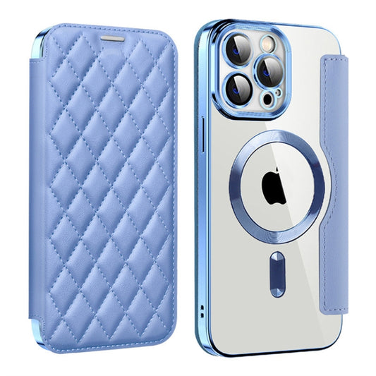 For iPhone 14 Pro Shield Magsafe RFID Anti-theft Rhombus Leather Phone Case(Blue) - iPhone 14 Pro Cases by buy2fix | Online Shopping UK | buy2fix