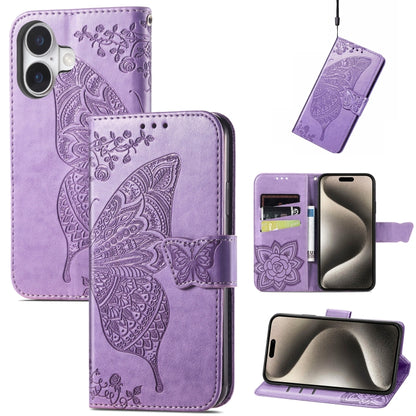 For iPhone 16 Butterfly Love Flower Embossed Leather Phone Case(Lavender) - iPhone 16 Cases by buy2fix | Online Shopping UK | buy2fix