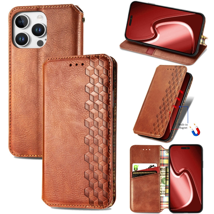 For iPhone 16 Pro Cubic Grid Pressed Magnetic Leather Phone Case(Brown) - iPhone 16 Pro Cases by buy2fix | Online Shopping UK | buy2fix