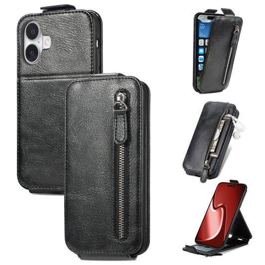 For iPhone 16 Zipper Wallet Vertical Flip Leather Phone Case(Black) - iPhone 16 Cases by buy2fix | Online Shopping UK | buy2fix