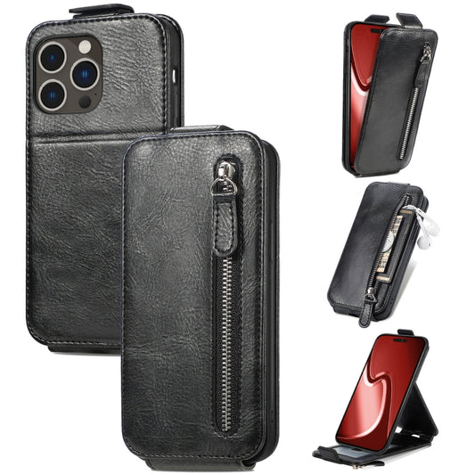 For iPhone 16 Pro Max Zipper Wallet Vertical Flip Leather Phone Case(Black) - iPhone 16 Pro Max Cases by buy2fix | Online Shopping UK | buy2fix