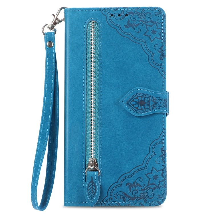 For iPhone 16 Plus Embossed Flower Zipper Leather Phone Case(Blue) - iPhone 16 Plus Cases by buy2fix | Online Shopping UK | buy2fix