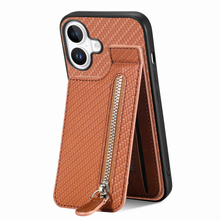 For iPhone 16 Carbon Fiber Vertical Flip Zipper Phone Case(Brown) - iPhone 16 Cases by buy2fix | Online Shopping UK | buy2fix