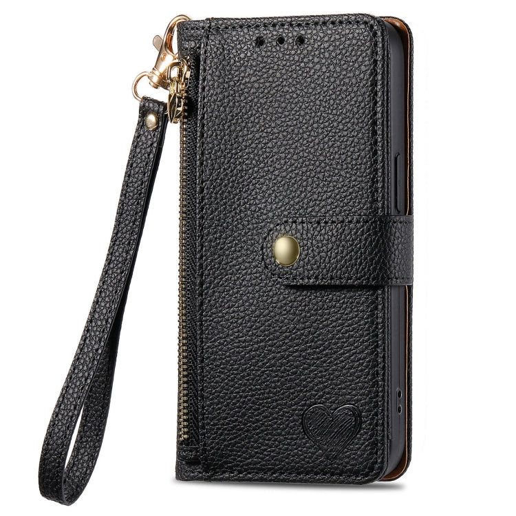 For Xiaomi Redmi 13C 5G Love Zipper Lanyard Leather Phone Case(Black) - 13C Cases by buy2fix | Online Shopping UK | buy2fix