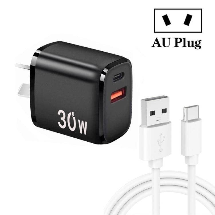 PD30W USB-C / Type-C + QC3.0 USB Charger with 1m USB to Type-C Data Cable, AU Plug(Black) - USB Charger by buy2fix | Online Shopping UK | buy2fix