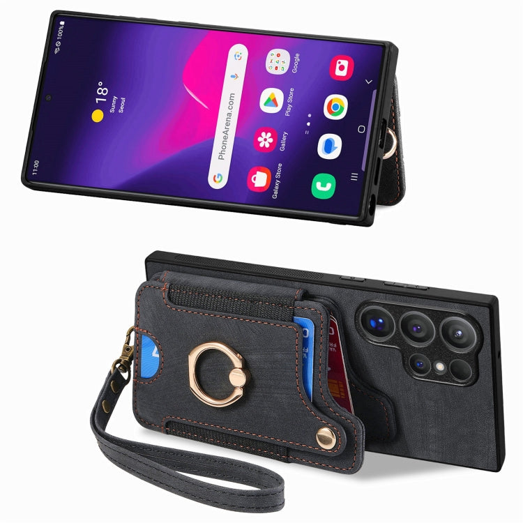 For Samsung Galaxy S25 Ultra 5G Retro Skin-feel Ring Multi-card Wallet Phone Case(Black) - Galaxy S25 Ultra 5G Cases by buy2fix | Online Shopping UK | buy2fix