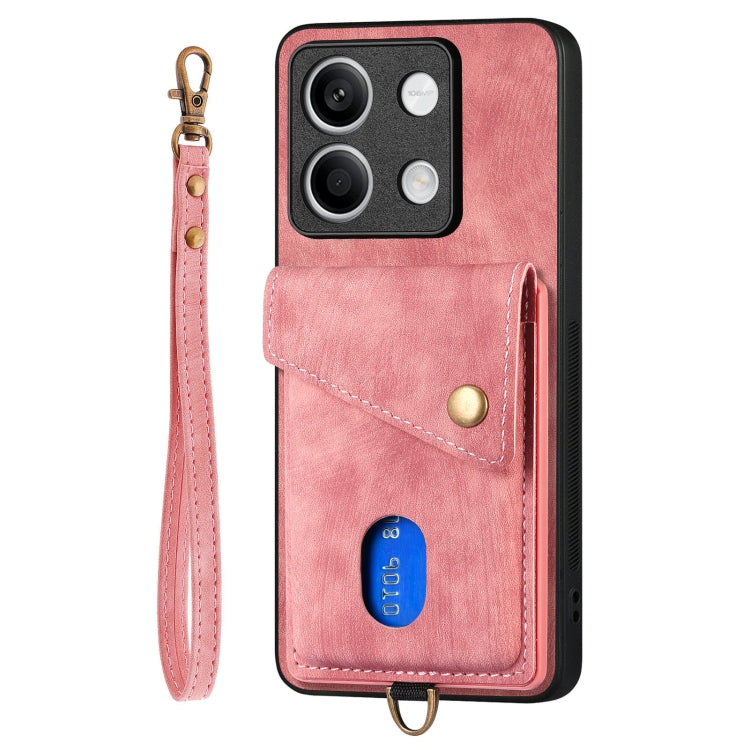 For Xiaomi Redmi Note 13 5G Retro Card Wallet Fold Leather Phone Case with Strap(Pink) - Note 13 Cases by buy2fix | Online Shopping UK | buy2fix