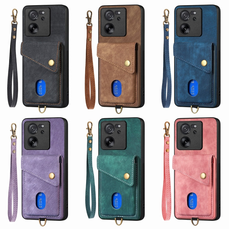 For Xiaomi Redmi Note 13 5G Retro Card Wallet Fold Leather Phone Case with Strap(Pink) - Note 13 Cases by buy2fix | Online Shopping UK | buy2fix