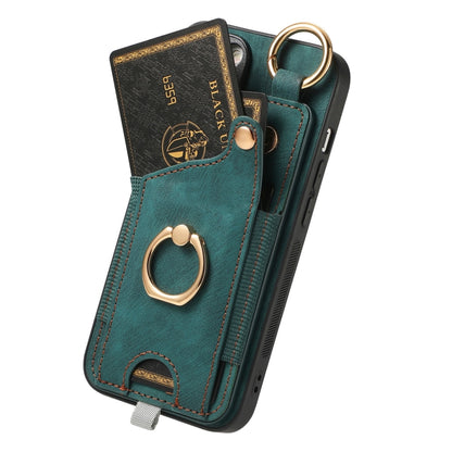 For iPhone 16 Pro Retro Skin-feel Ring Card Bag Phone Case with Hang Loop(Green) - iPhone 16 Pro Cases by buy2fix | Online Shopping UK | buy2fix