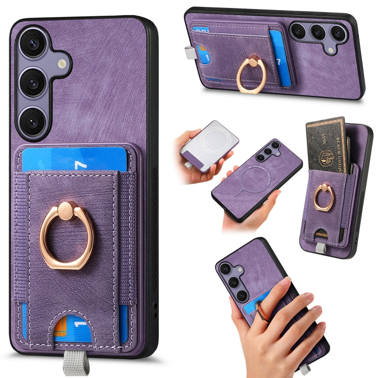 For Samsung Galaxy S25 5G Retro Splitable Magnetic Card Bag Leather Phone Case(Purple) - Galaxy Phone Cases by buy2fix | Online Shopping UK | buy2fix