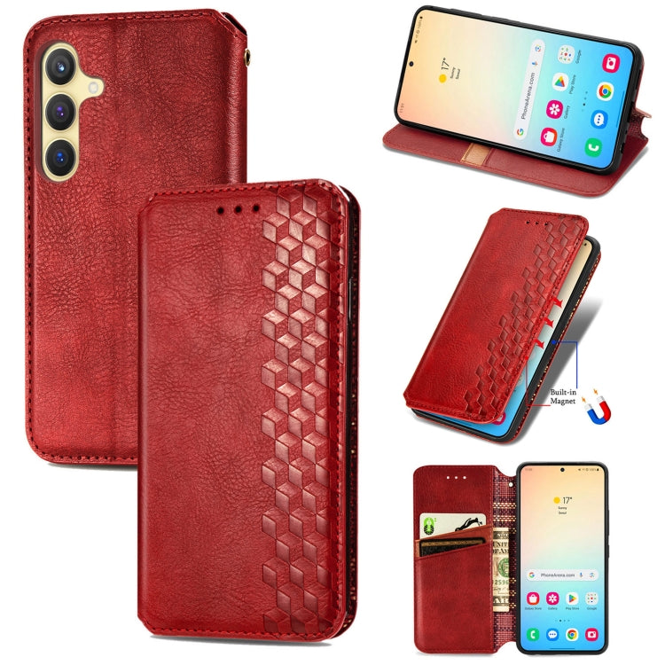 For Samsung Galaxy S25 5G Cubic Grid Pressed Magnetic Leather Phone Case(Red) - Galaxy S25 5G Cases by buy2fix | Online Shopping UK | buy2fix