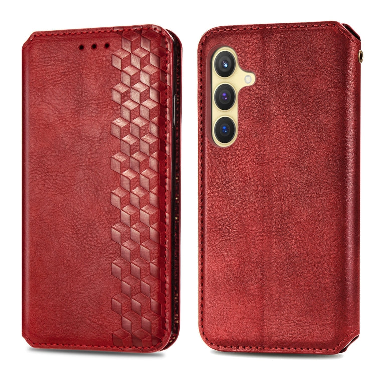 For Samsung Galaxy S25 5G Cubic Grid Pressed Magnetic Leather Phone Case(Red) - Galaxy S25 5G Cases by buy2fix | Online Shopping UK | buy2fix