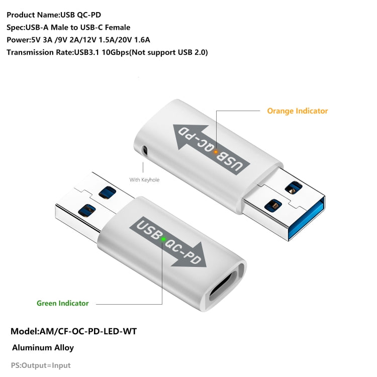 USB-A  Male QC3.1 to Type-C Female PD 10Gbps Converter Adapter, Model:White with Indicator Light - Cable & Adapters by buy2fix | Online Shopping UK | buy2fix