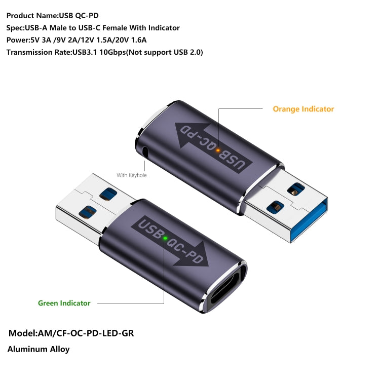 USB-A  Male QC3.1 to Type-C Female PD 10Gbps Converter Adapter, Model:Grey with Indicator Light - Cable & Adapters by buy2fix | Online Shopping UK | buy2fix