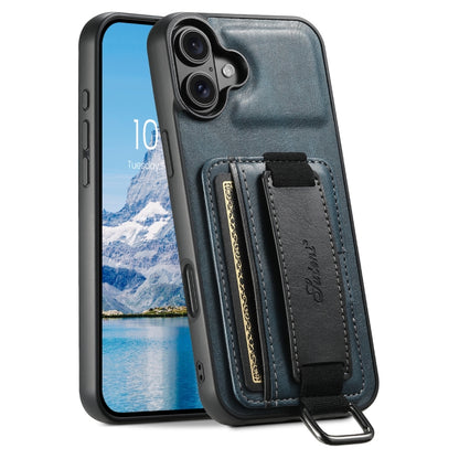 For iPhone 16 Suteni H13 Card Wallet Wrist Strap Holder PU Phone Case(Blue) - iPhone 16 Cases by Suteni | Online Shopping UK | buy2fix