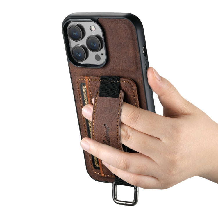 For iPhone 15 Pro Max Suteni H13 Litchi Leather Wrist Strap Wallet Back Phone Case(Brown) - iPhone 15 Pro Max Cases by Suteni | Online Shopping UK | buy2fix