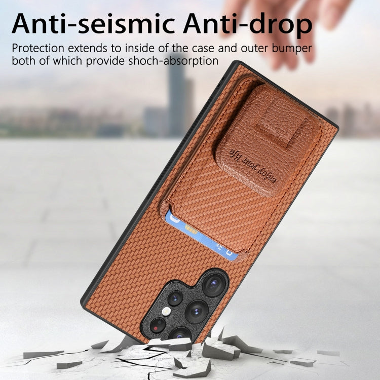 For Samsung Galaxy S22+ 5G Carbon Fiber Card Bag Fold Stand Phone Case(Brown) - Galaxy S22+ 5G Cases by buy2fix | Online Shopping UK | buy2fix