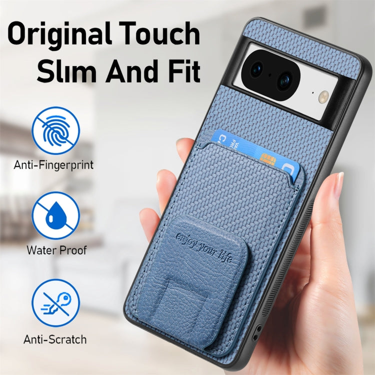 For Google Pixel 6a Carbon Fiber Card Bag Fold Stand Phone Case(Blue) - Google Cases by buy2fix | Online Shopping UK | buy2fix