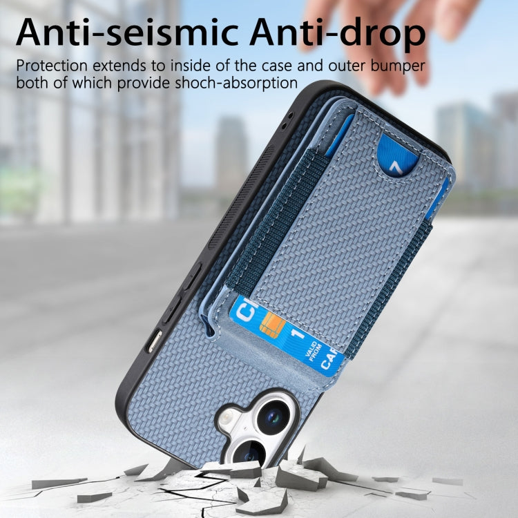 For iPhone 16 Carbon Fiber Vertical Flip Wallet Stand Phone Case(Blue) - iPhone 16 Cases by buy2fix | Online Shopping UK | buy2fix