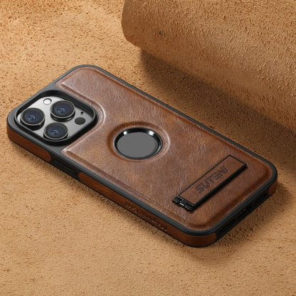 For iPhone 14 Plus Suteni G2 Magsafe Oil Wax Leather Back Phone Case with Holder(Brown) - iPhone 14 Plus Cases by Suteni | Online Shopping UK | buy2fix
