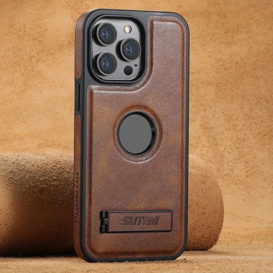 For iPhone 13 Pro Suteni G2 Magsafe Oil Wax Leather Back Phone Case with Holder(Brown) - iPhone 13 Pro Cases by Suteni | Online Shopping UK | buy2fix