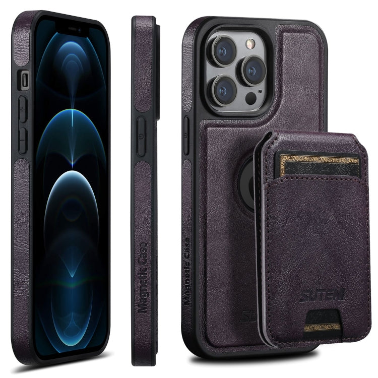 For iPhone 12 Pro Max Suteni M2 Oil Wax MagSafe Horizontal Card Bag Phone Case(Purple) - iPhone 12 Pro Max Cases by Suteni | Online Shopping UK | buy2fix