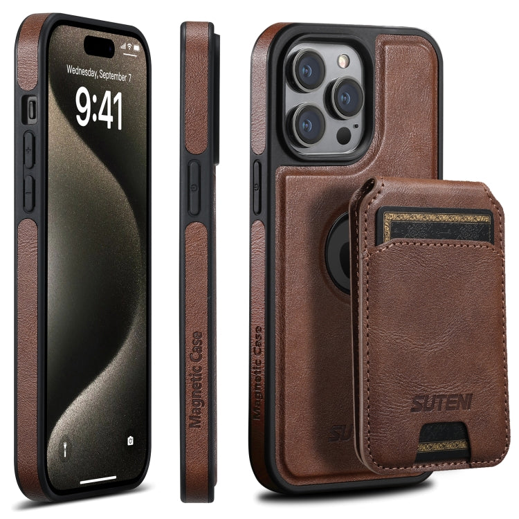 For iPhone 16 Pro Suteni M2 Oil Wax MagSafe Horizontal Card Bag Phone Case(Brown) - iPhone 16 Pro Cases by Suteni | Online Shopping UK | buy2fix