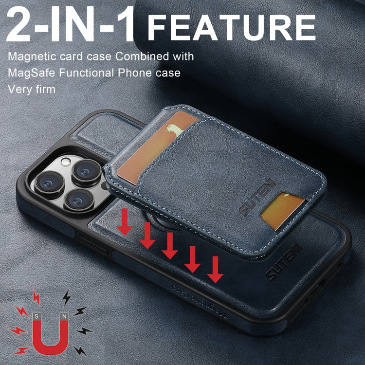 For iPhone 16 Pro Suteni M2 Oil Wax MagSafe Horizontal Card Bag Phone Case(Blue) - iPhone 16 Pro Cases by Suteni | Online Shopping UK | buy2fix