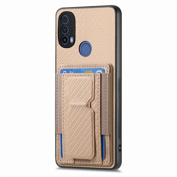 For Motorola Moto G 5G 2024 4G Carbon Fiber Fold Stand Elastic Card Bag Phone Case(Khaki) - Motorola Cases by buy2fix | Online Shopping UK | buy2fix