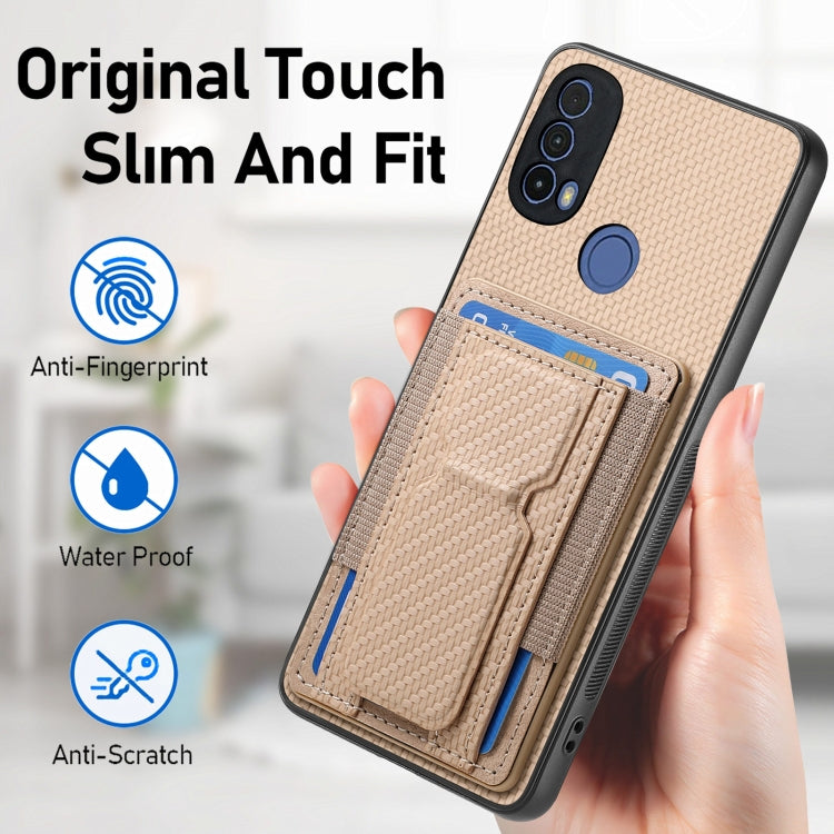 For Motorola Moto G 5G 2024 4G Carbon Fiber Fold Stand Elastic Card Bag Phone Case(Khaki) - Motorola Cases by buy2fix | Online Shopping UK | buy2fix