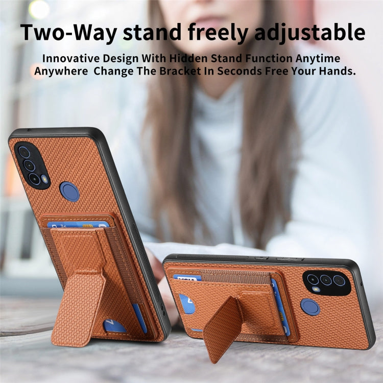 For Motorola Moto G Power 5G 2024 Carbon Fiber Fold Stand Elastic Card Bag Phone Case(Brown) - Motorola Cases by buy2fix | Online Shopping UK | buy2fix