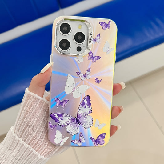 For iPhone 16 Pro Max Electroplating Laser Butterfly Phone Case(White Purple Butterflies AB6) - iPhone 16 Pro Max Cases by buy2fix | Online Shopping UK | buy2fix