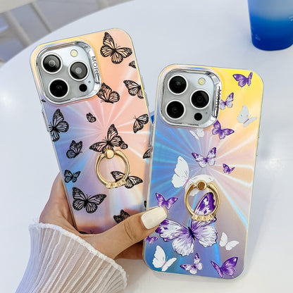 For iPhone 16 Electroplating Laser Butterfly Ring Holder Phone Case(Color Butterflies AB1) - iPhone 16 Cases by buy2fix | Online Shopping UK | buy2fix