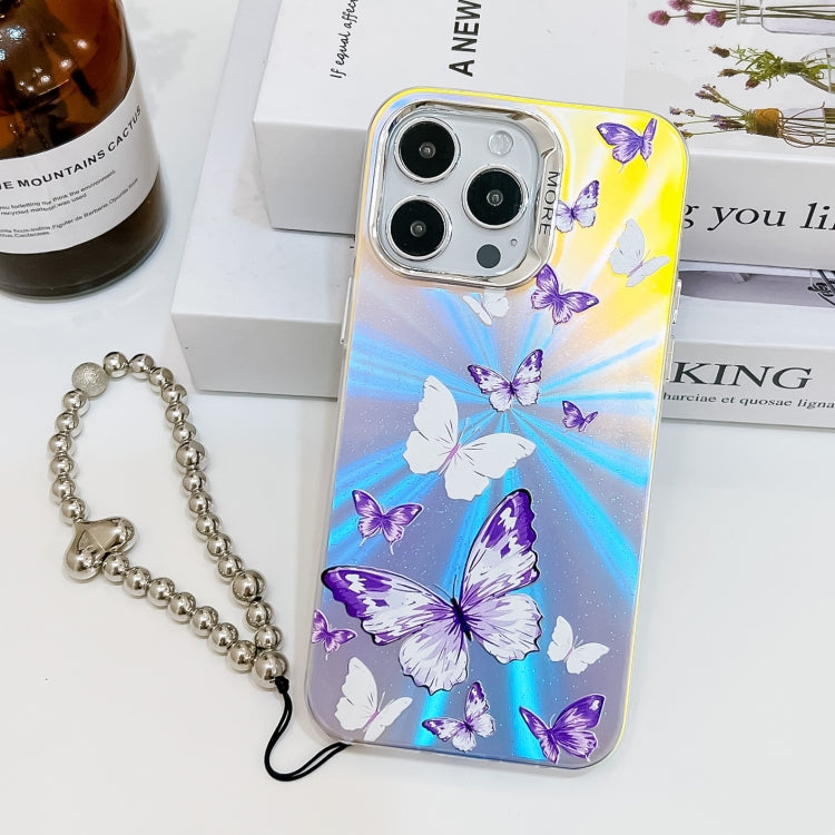 For iPhone 16 Pro Max Electroplating Laser Butterfly Phone Case with Wrist Strap(White Purple Butterflies AB6) - iPhone 16 Pro Max Cases by buy2fix | Online Shopping UK | buy2fix