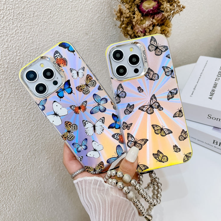 For iPhone 16 Pro Max Electroplating Laser Butterfly Phone Case with Wrist Strap(White Purple Butterflies AB6) - iPhone 16 Pro Max Cases by buy2fix | Online Shopping UK | buy2fix