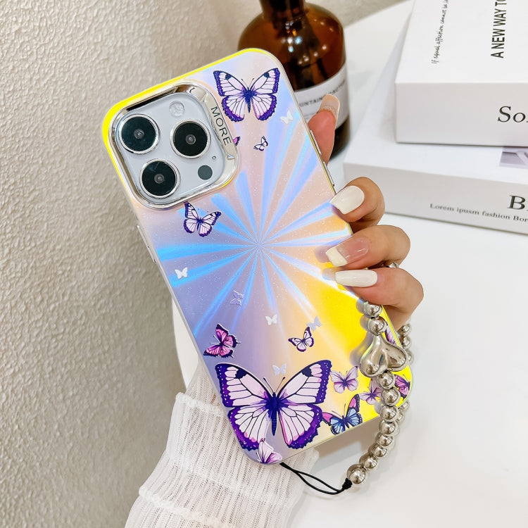 For iPhone 16 Pro Max Electroplating Laser Butterfly Phone Case with Wrist Strap(White Purple Butterflies AB6) - iPhone 16 Pro Max Cases by buy2fix | Online Shopping UK | buy2fix