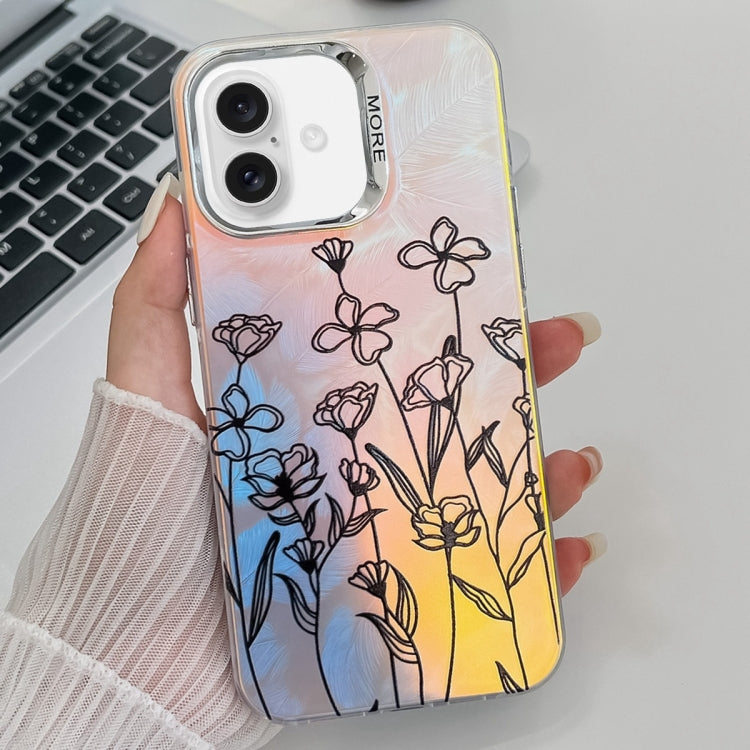 For iPhone 16 Electroplating Laser Flower Texture TPU Phone Case(Drawn Flowers AH3) - iPhone 16 Cases by buy2fix | Online Shopping UK | buy2fix